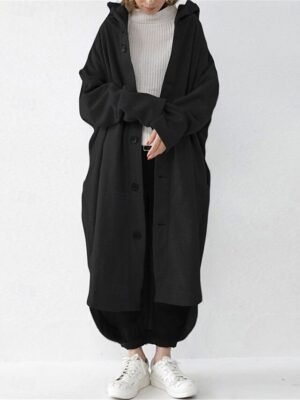 Stylish Regular Fit Plain Hooded Long Sleeve Maxi Coat - Image 4