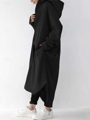 Stylish Regular Fit Plain Hooded Long Sleeve Maxi Coat - Image 5