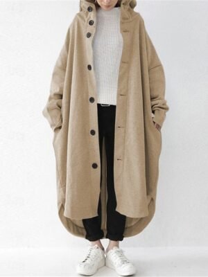 Stylish Regular Fit Plain Hooded Long Sleeve Maxi Coat - Image 6