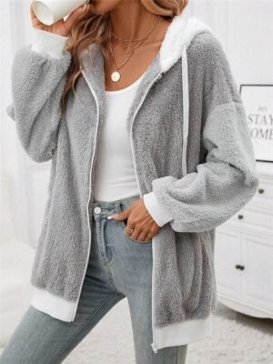 Stylish Regular Fit Plain Hoodie Long Sleeve Teddy Coat - Image 3