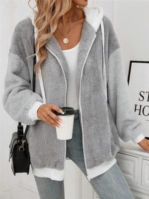 Stylish Regular Fit Plain Hoodie Long Sleeve Teddy Coat - Image 5
