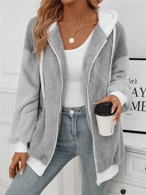 Stylish Regular Fit Plain Hoodie Long Sleeve Teddy Coat - Image 6