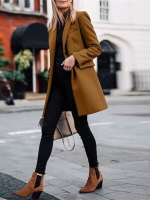 Stylish Regular Fit Plain Long Sleeve Long Coat - Image 3