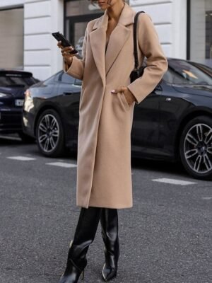 Stylish Regular Fit Plain Long Sleeve Long Coat - Image 3