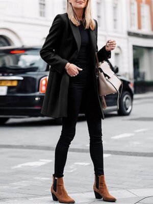 Stylish Regular Fit Plain Long Sleeve Long Coat - Image 7