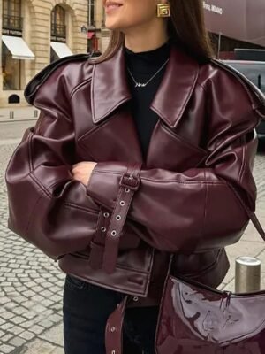 Stylish Regular Fit Plain Long Sleeve Short Faux Leather Jacket - Image 1