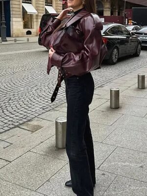 Stylish Regular Fit Plain Long Sleeve Short Faux Leather Jacket - Image 2