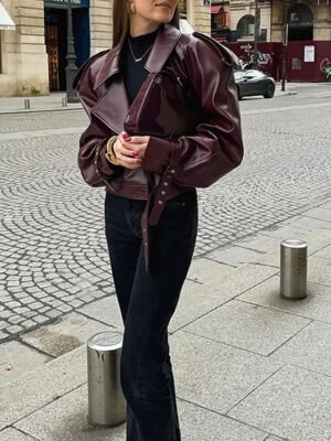Stylish Regular Fit Plain Long Sleeve Short Faux Leather Jacket - Image 3