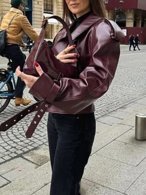 Stylish Regular Fit Plain Long Sleeve Short Faux Leather Jacket - Image 4