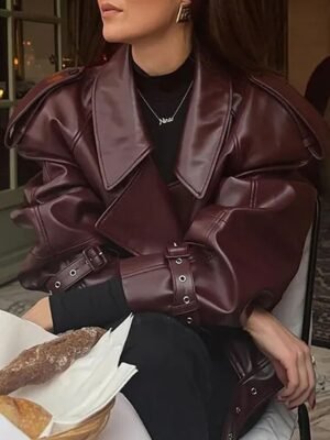 Stylish Regular Fit Plain Long Sleeve Short Faux Leather Jacket - Image 5
