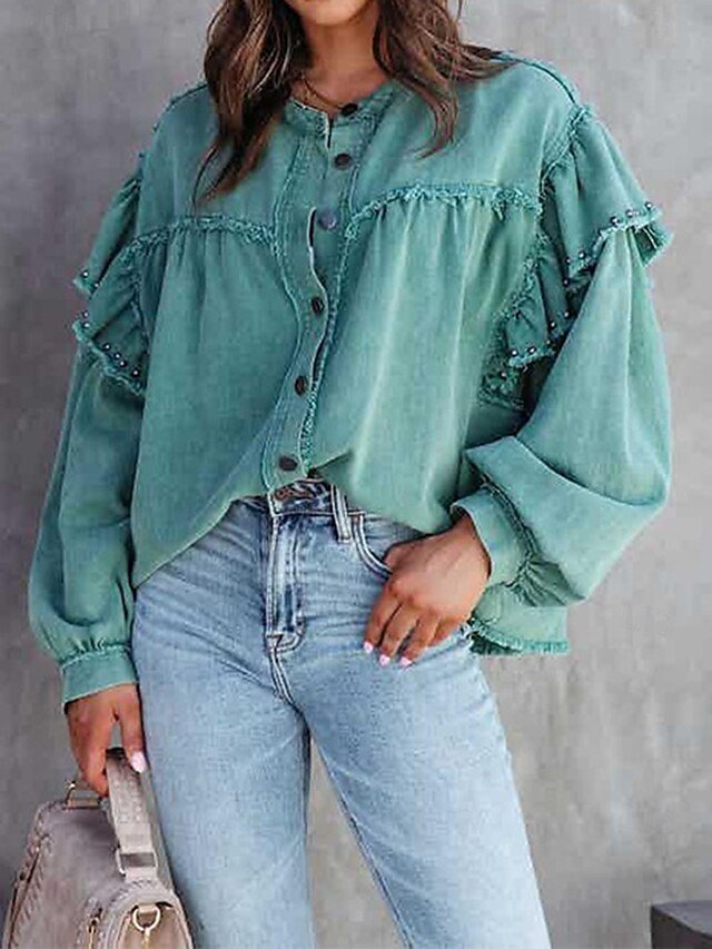 Stylish Regular Fit Plain Ruffle Long Sleeve Green Jacket - Image 2