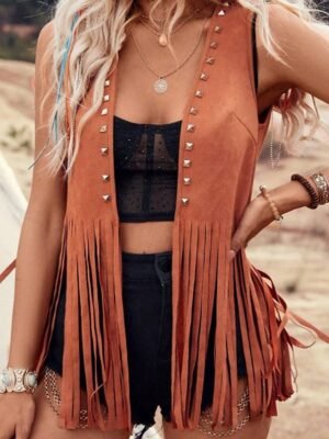 Stylish Regular Fit Plain V Neck Sleeveless Tassel Jacket - Image 1