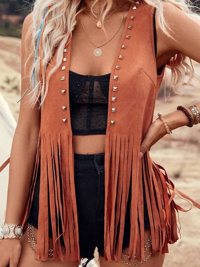 Stylish Regular Fit Plain V Neck Sleeveless Tassel Jacket - Image 1