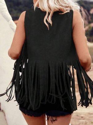 Stylish Regular Fit Plain V Neck Sleeveless Tassel Jacket - Image 5