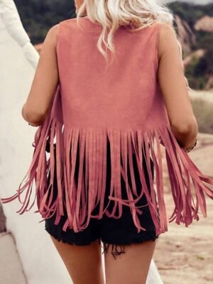 Stylish Regular Fit Plain V Neck Sleeveless Tassel Jacket - Image 8