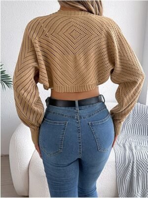Stylish Regular Fit Pure Colour Open Front Lantern Sleeve Long Sleeve Crop Cardigan - Image 8