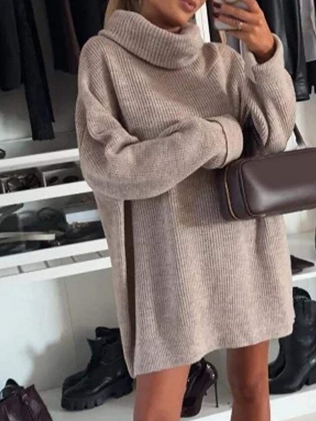 Stylish Regular Fit Pure Colour Turtleneck Long Sleeve Sweater Dress - Image 1