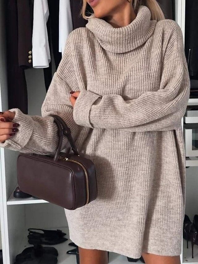 Stylish Regular Fit Pure Colour Turtleneck Long Sleeve Sweater Dress - Image 2