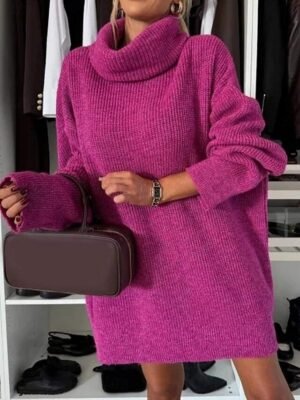 Stylish Regular Fit Pure Colour Turtleneck Long Sleeve Sweater Dress - Image 3