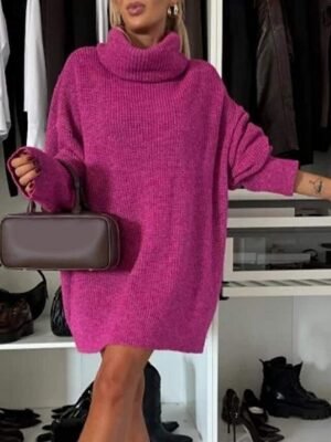 Stylish Regular Fit Pure Colour Turtleneck Long Sleeve Sweater Dress - Image 4
