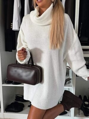 Stylish Regular Fit Pure Colour Turtleneck Long Sleeve Sweater Dress - Image 7