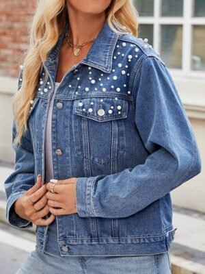 Stylish Regular Fit Solid Colour Collared Long Sleeve Short Denim Jacket - Image 3