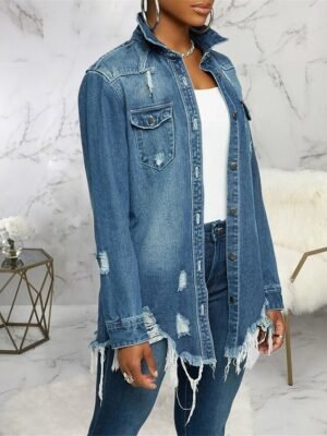 Stylish Regular Fit Solid Colour Long Sleeve Denim Jacket - Image 3