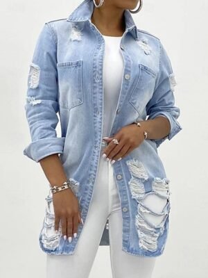 Stylish Regular Fit Solid Colour Long Sleeve Denim Jacket - Image 4