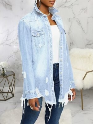 Stylish Regular Fit Solid Colour Long Sleeve Denim Jacket - Image 4