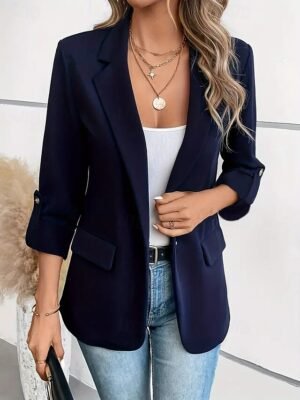 Stylish Regular Fit Solid Colour Long Sleeve Blazer - Image 5