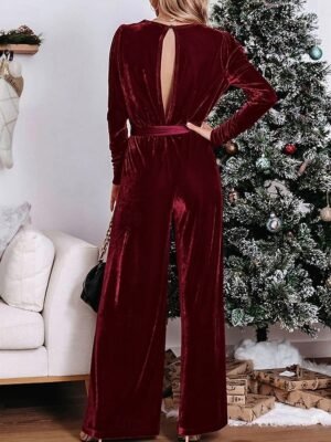 Stylish Regular Fit Solid Deep V Long Sleeve Jumpsuit - Image 2