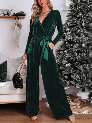 Stylish Regular Fit Solid Deep V Long Sleeve Jumpsuit - Image 3