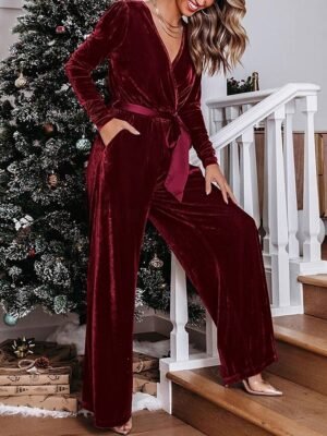 Stylish Regular Fit Solid Deep V Long Sleeve Jumpsuit - Image 5
