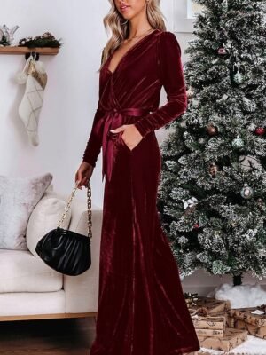 Stylish Regular Fit Solid Deep V Long Sleeve Jumpsuit - Image 6