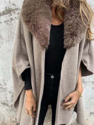 Stylish Regular Fit Solid Fur Collar 3/4 Sleeve Cloak - Image 1