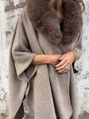 Stylish Regular Fit Solid Fur Collar 3/4 Sleeve Cloak - Image 3