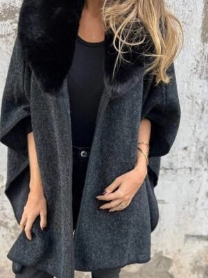 Stylish Regular Fit Solid Fur Collar 3/4 Sleeve Cloak - Image 7