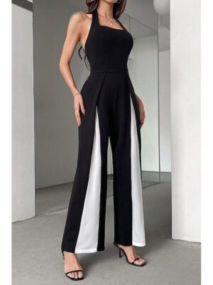 Stylish Regular Fit Solid Halter Sleeveless Long Jumpsuit - Image 3