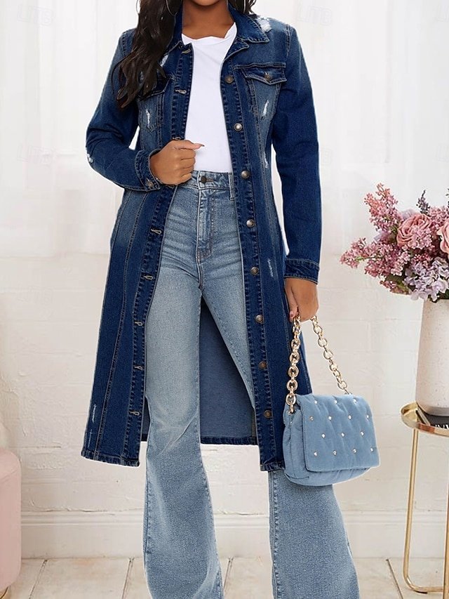 Stylish Regular Fit Solid Long Sleeve Long Denim Jacket - Image 1
