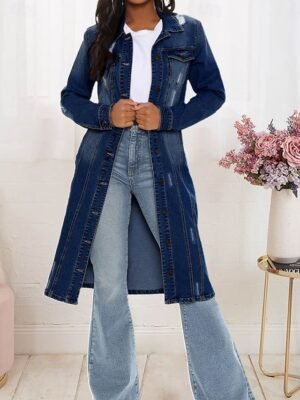 Stylish Regular Fit Solid Long Sleeve Long Denim Jacket - Image 3