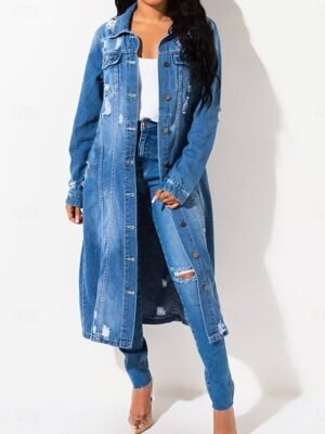 Stylish Regular Fit Solid Long Sleeve Long Denim Jacket - Image 4
