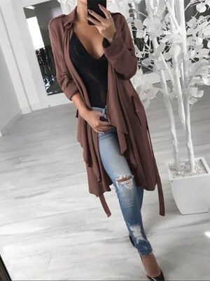 Stylish Regular Fit Solid Long Sleeve Trench Coat - Image 3