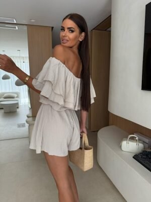 Stylish Regular Fit Solid Off Shoulder Short Sleeve Ruffle Romper - Image 2