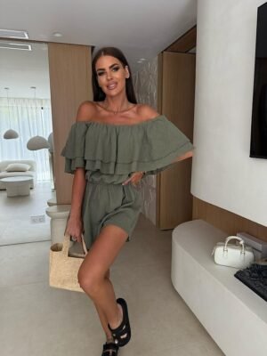Stylish Regular Fit Solid Off Shoulder Short Sleeve Ruffle Romper - Image 3