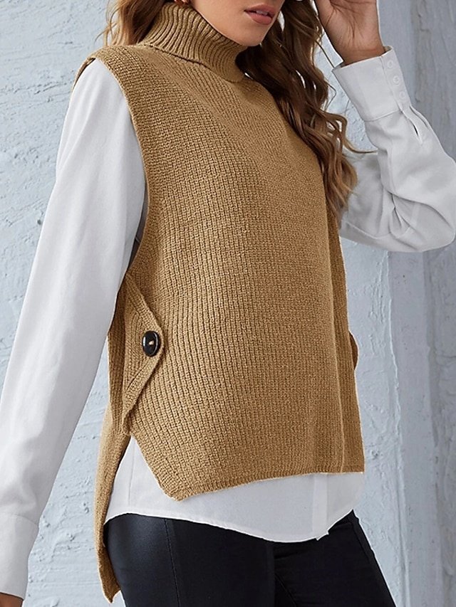 Stylish Regular Fit Solid Turtleneck Sleeveless Sweater Cardigan - Image 1