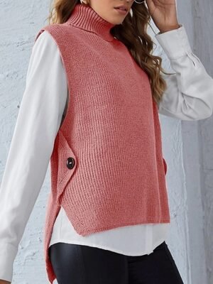 Stylish Regular Fit Solid Turtleneck Sleeveless Sweater Cardigan - Image 10