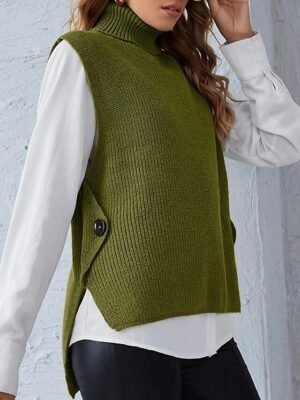 Stylish Regular Fit Solid Turtleneck Sleeveless Sweater Cardigan - Image 2