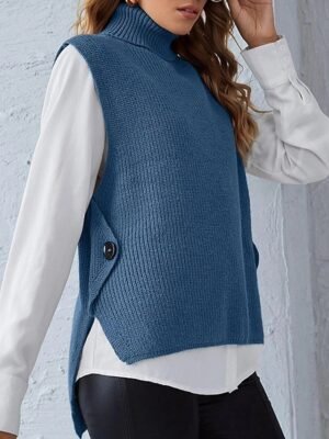 Stylish Regular Fit Solid Turtleneck Sleeveless Sweater Cardigan - Image 3