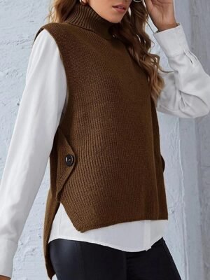 Stylish Regular Fit Solid Turtleneck Sleeveless Sweater Cardigan - Image 4