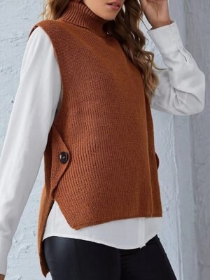 Stylish Regular Fit Solid Turtleneck Sleeveless Sweater Cardigan - Image 5